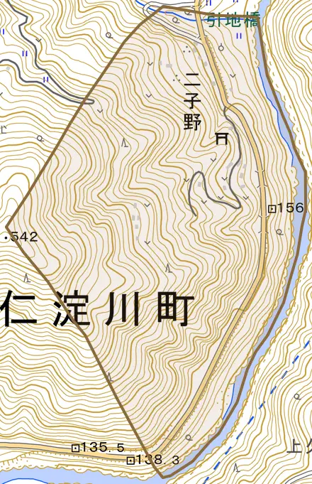 二子野とその周辺の地図。町の範囲を重ねている