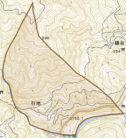 引地とその周辺の地図。町の範囲を重ねている