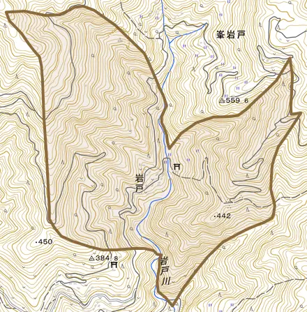 岩戸とその周辺の地図。町の範囲を重ねている