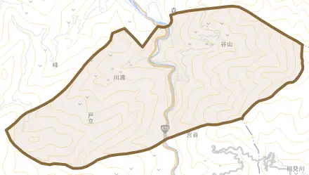 川渡とその周辺の地図。町の範囲を重ねている