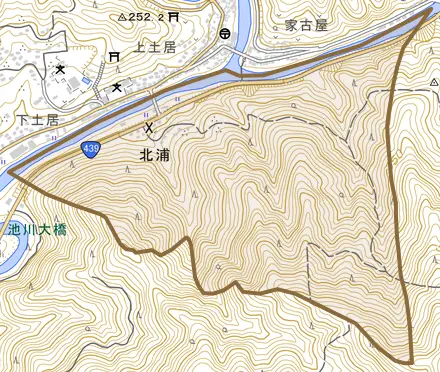 北浦とその周辺の地図。町の範囲を重ねている