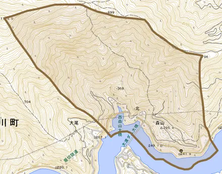 森山とその周辺の地図。町の範囲を重ねている