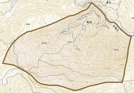 長坂とその周辺の地図。町の範囲を重ねている