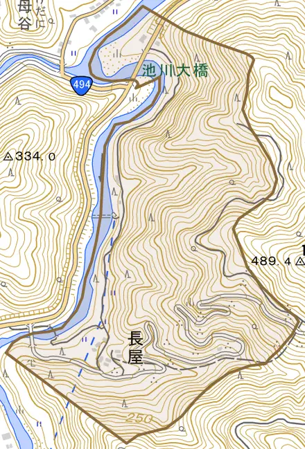 長屋とその周辺の地図。町の範囲を重ねている