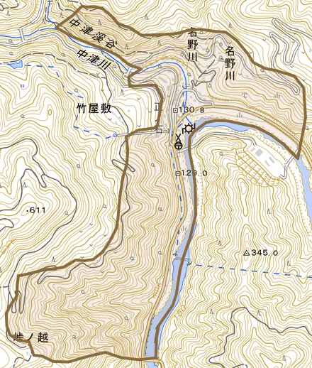 名野川とその周辺の地図。町の範囲を重ねている