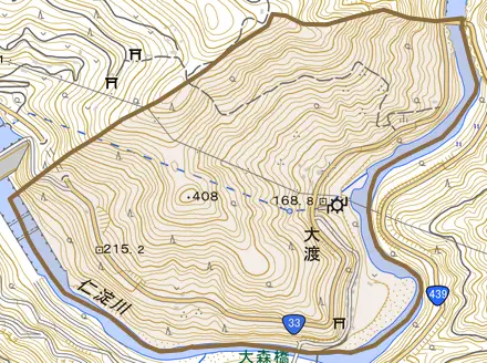 大渡とその周辺の地図。町の範囲を重ねている