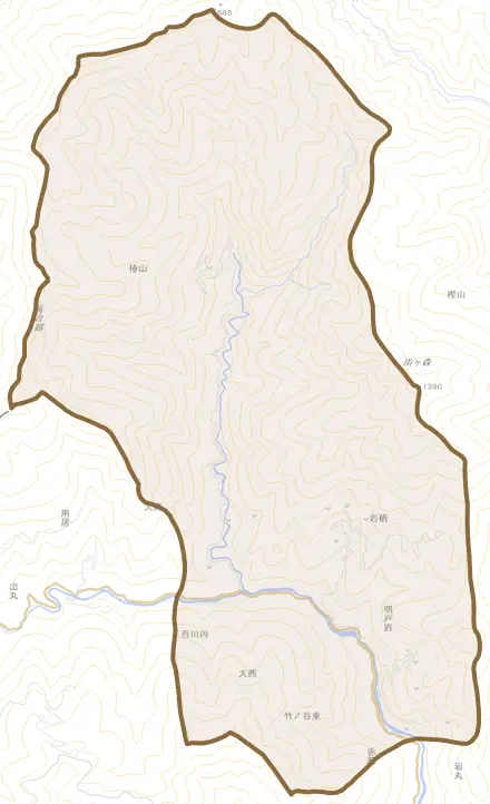 大野とその周辺の地図。町の範囲を重ねている