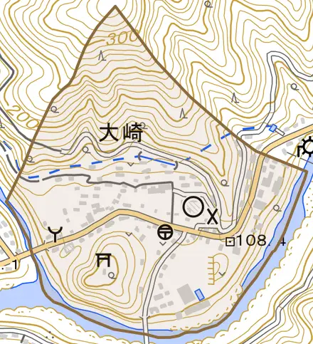 大崎とその周辺の地図。町の範囲を重ねている