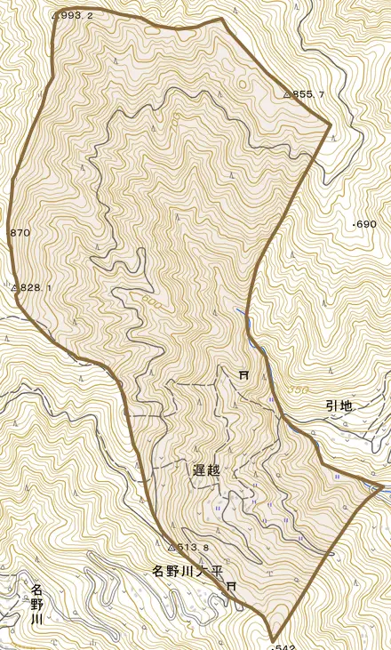 遅越とその周辺の地図。町の範囲を重ねている