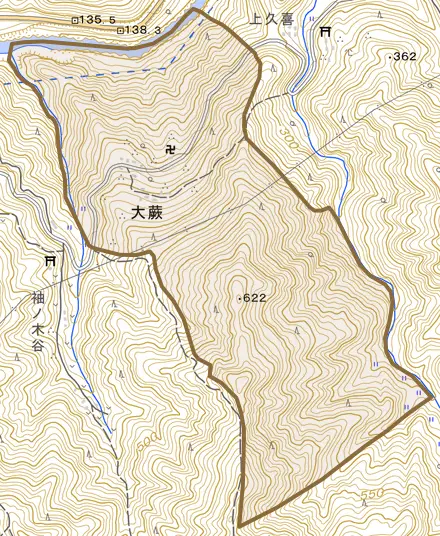大蕨とその周辺の地図。町の範囲を重ねている