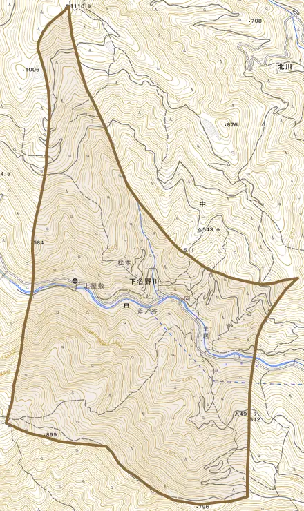 下名野川とその周辺の地図。町の範囲を重ねている