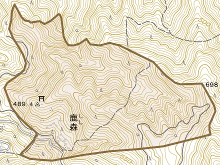 鹿森とその周辺の地図。町の範囲を重ねている