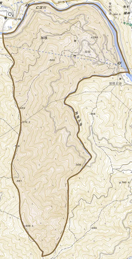 加枝とその周辺の地図。町の範囲を重ねている