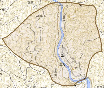 岩丸とその周辺の地図。町の範囲を重ねている