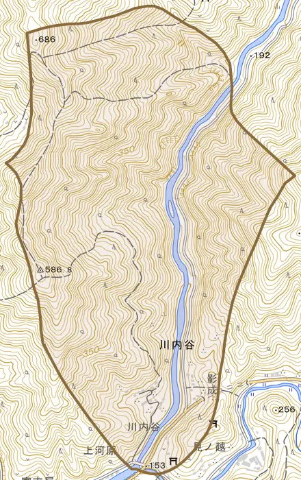 川内谷とその周辺の地図。町の範囲を重ねている