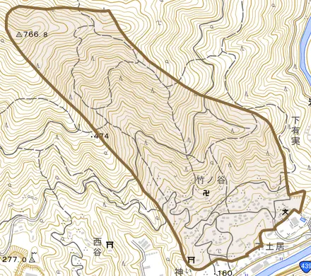竹ノ谷とその周辺の地図。町の範囲を重ねている