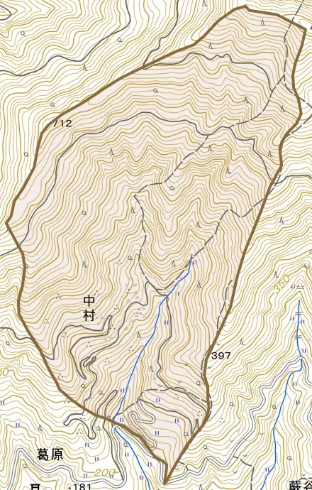 中村とその周辺の地図。町の範囲を重ねている