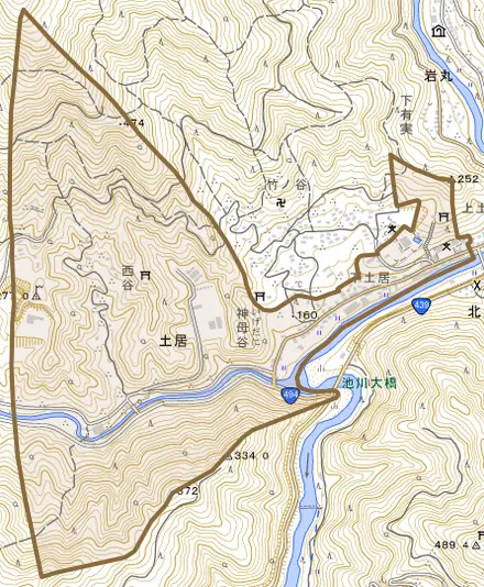 土居とその周辺の地図。町の範囲を重ねている