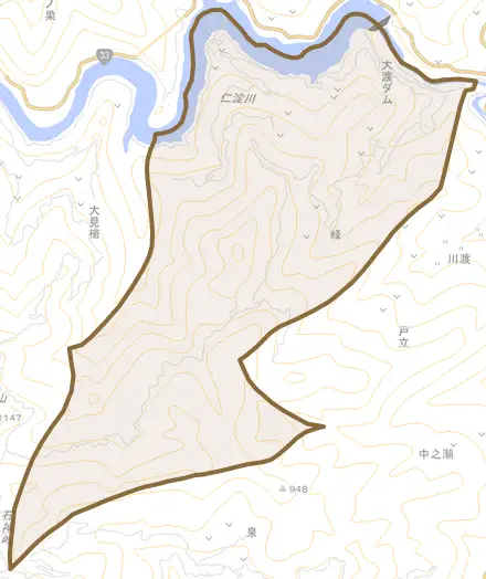 高瀬とその周辺の地図。町の範囲を重ねている