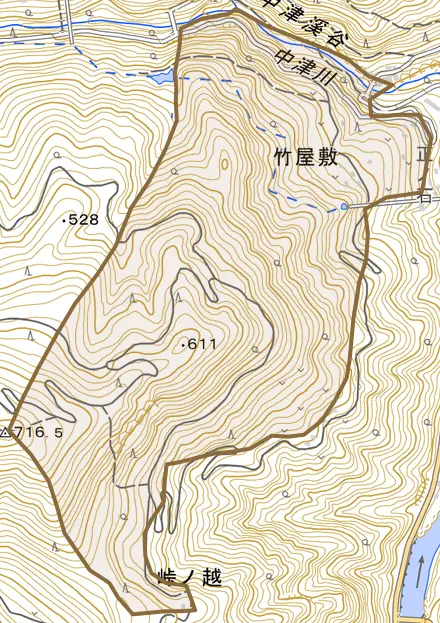 竹屋敷とその周辺の地図。町の範囲を重ねている