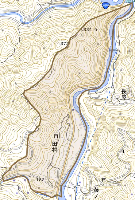 田村とその周辺の地図。町の範囲を重ねている