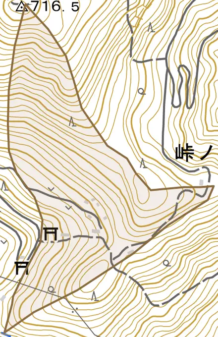 峠ノ越とその周辺の地図。町の範囲を重ねている