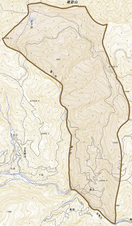津江とその周辺の地図。町の範囲を重ねている