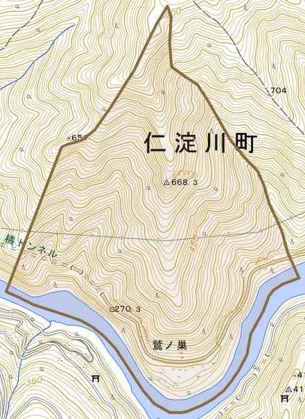 鷲ノ巣とその周辺の地図。町の範囲を重ねている