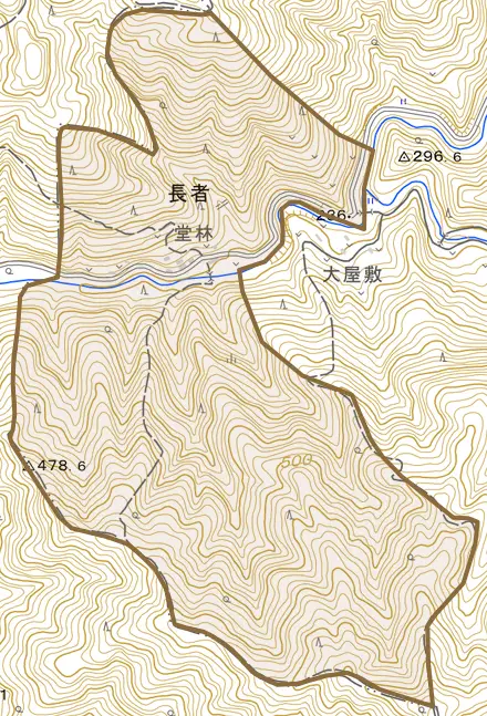 長者とその周辺の地図。町の範囲を重ねている