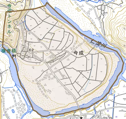 今成とその周辺の地図。町の範囲を重ねている