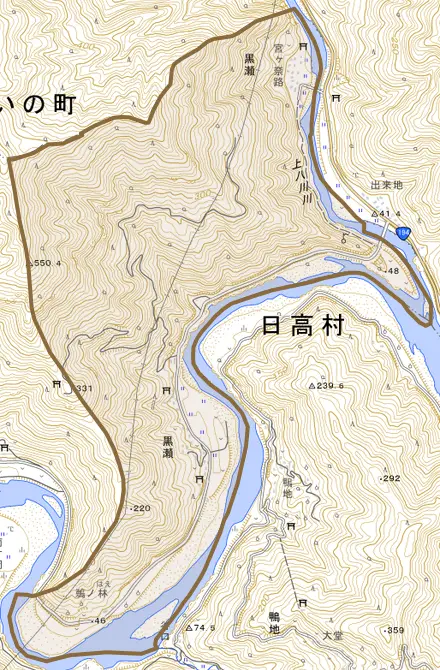 黒瀬とその周辺の地図。町の範囲を重ねている