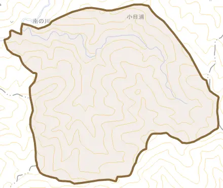 南ノ川とその周辺の地図。町の範囲を重ねている