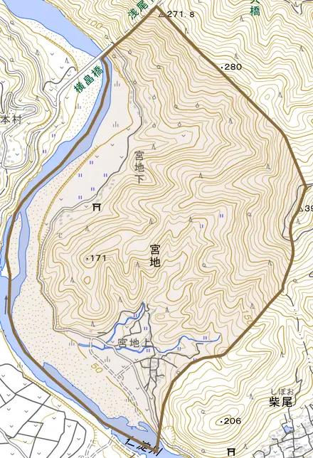 宮地とその周辺の地図。町の範囲を重ねている