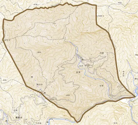 大平とその周辺の地図。町の範囲を重ねている