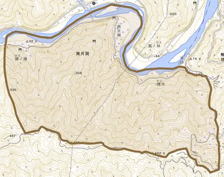 南片岡とその周辺の地図。町の範囲を重ねている