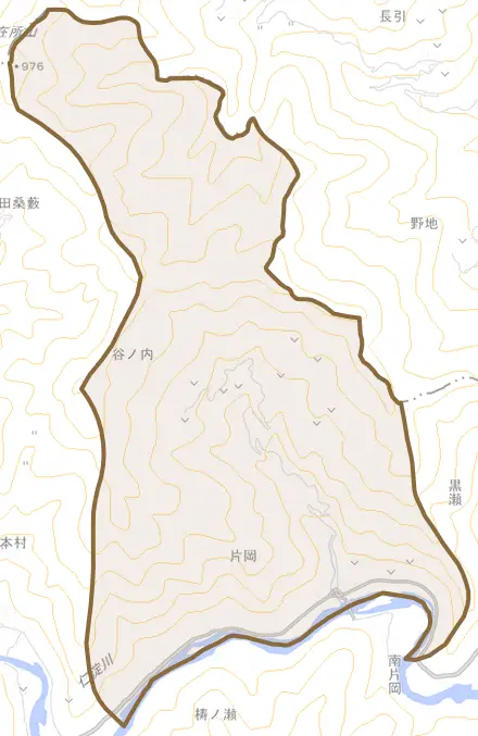片岡とその周辺の地図。町の範囲を重ねている