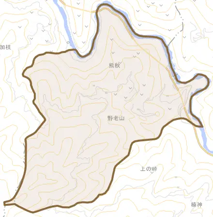 野老山とその周辺の地図。町の範囲を重ねている