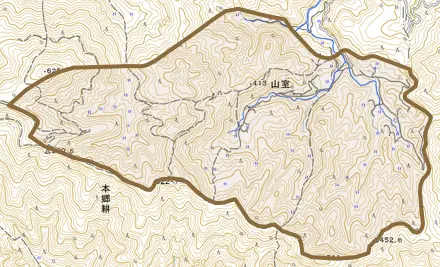 山室とその周辺の地図。町の範囲を重ねている