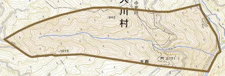 小北川とその周辺の地図。町の範囲を重ねている