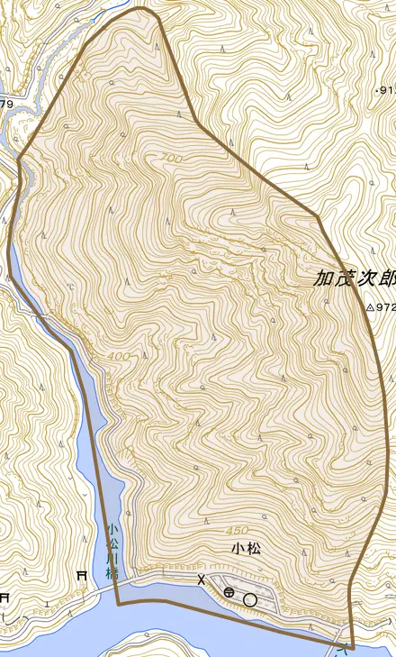 小松とその周辺の地図。町の範囲を重ねている