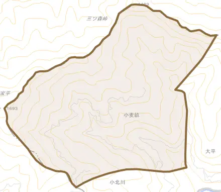 小麦畝とその周辺の地図。町の範囲を重ねている