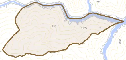 中切とその周辺の地図。町の範囲を重ねている