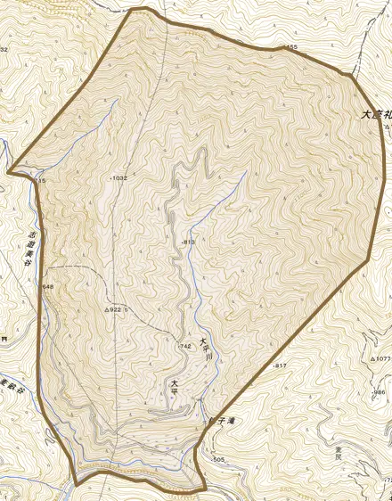 大平とその周辺の地図。町の範囲を重ねている