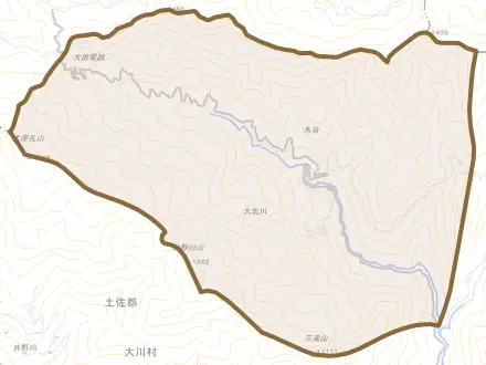 大北川とその周辺の地図。町の範囲を重ねている
