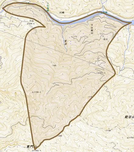 下小南川とその周辺の地図。町の範囲を重ねている