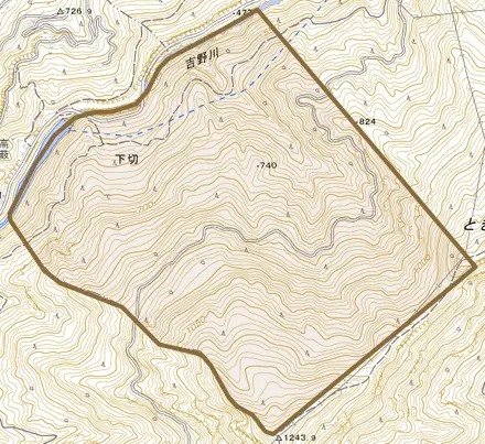 下切とその周辺の地図。町の範囲を重ねている