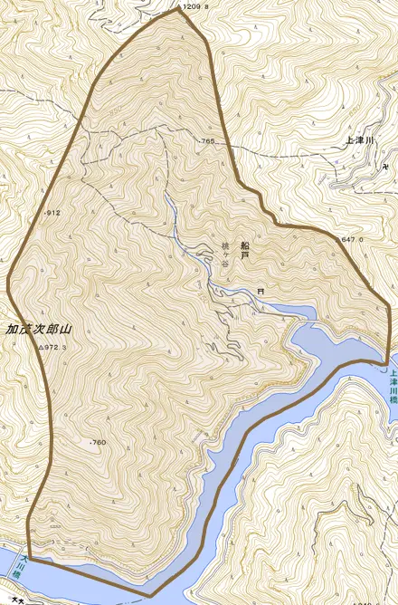 船戸とその周辺の地図。町の範囲を重ねている