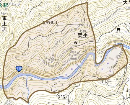 粟生とその周辺の地図。町の範囲を重ねている