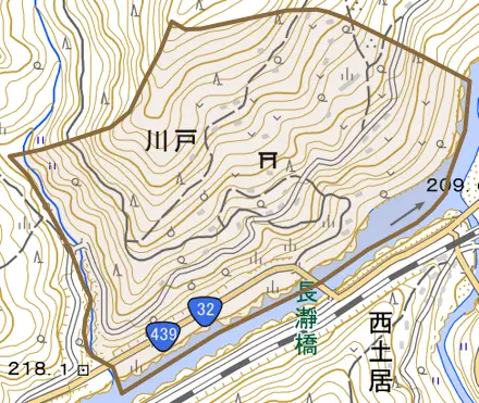 川戸とその周辺の地図。町の範囲を重ねている