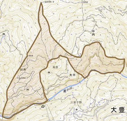 川井とその周辺の地図。町の範囲を重ねている